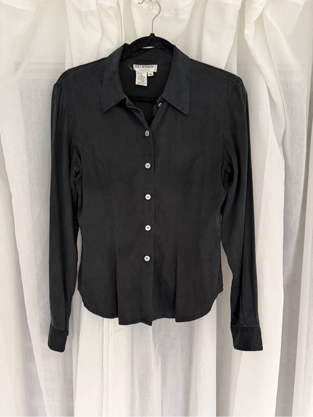 Vintage Holt Renfrew Silk Black Long-Sleeve Button-Down Shirt
